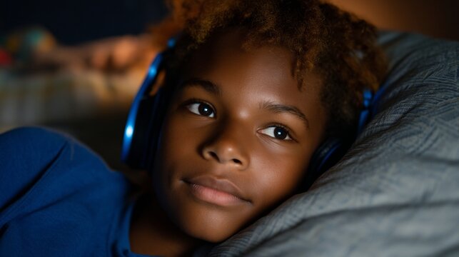 Boy sleeping in bed with headphones on. - Powered by Adobe