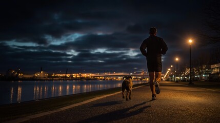 Fototapeta premium Man jogging with his dog on riverside path at night, illuminated by streetlights and city lights reflecting on water, creating serene and vibrant atmosphere
