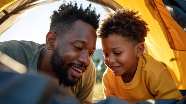 Father and son camping together.