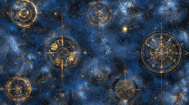 Celestial themed digital artwork features intricate golden astrological symbols and compasses set against deep blue cosmic background, evoking sense of mystery and exploration