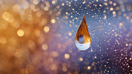 Single water droplet suspended in air with golden purple bokeh background creating magical dreamy atmospheric composition