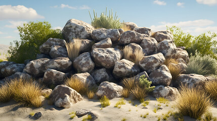 Rugged desert rock formation with sparse vegetation in sunny landscape