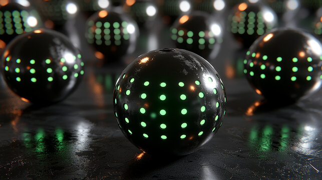 Futuristic metallic spheres with glowing green dots create captivating tech inspired pattern on reflective surface. ambient lighting enhances modern and sleek design - Powered by Adobe