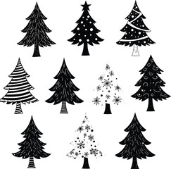 Collection of Unique Christmas Trees in Black and White Style Illustration