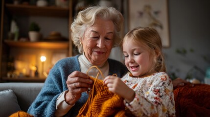 Woman and child knitting together.