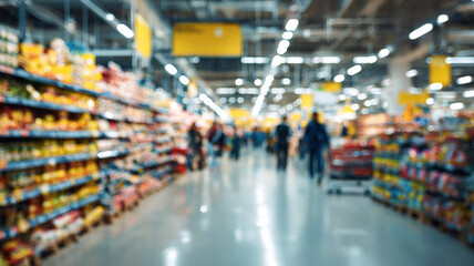 Modern supermarket interior with bright aisles filled with colorful products and blurred shopping customers moving