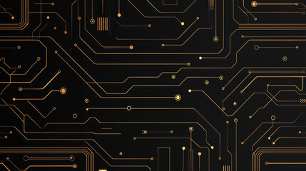 Seamless pattern of circuit board with intricate gold lines on black background, creating modern and technological feel