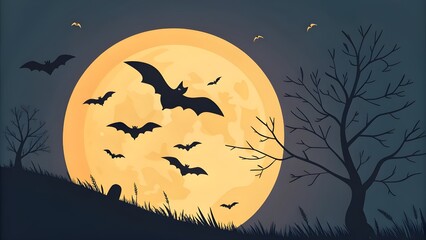 Vector Silhouette of Bats Flying Across a Giant Full Harvest Moon, Night Sky Background