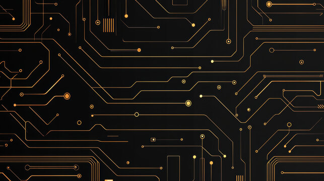 Seamless pattern of circuit board with intricate gold lines on black background, creating modern and technological feel