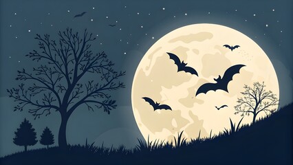 Vector Silhouette of Bats Flying Across a Giant Full Harvest Moon, Night Sky Background