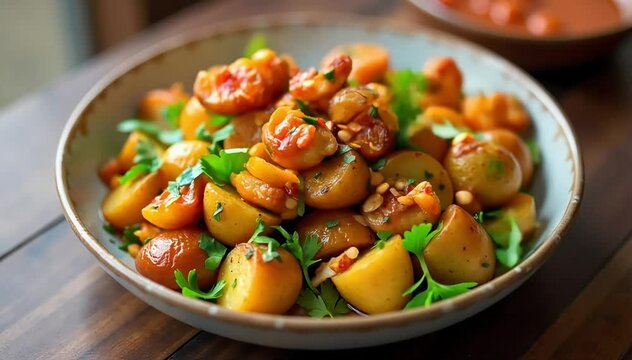 Spicy Lebanese batata harra roasted potatoes tossed with garlic, chili, and fresh coriander 