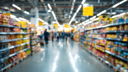 Obraz premium Modern supermarket interior with bright fluorescent lighting showing blurred customers shopping in wide product aisles