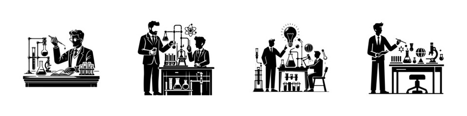Modern Minimalist Men Teaching Science Experiment Icon, Flat Silhouette of an Educational Scene Vector for Classroom Illustration Design