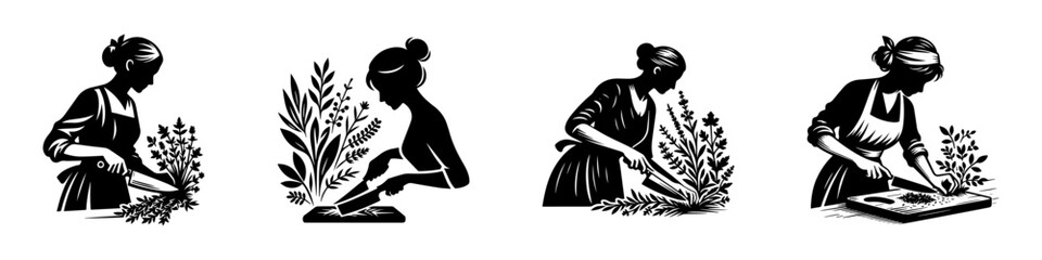 Modern Minimalist Woman Cutting Herbs Icon, Flat Silhouette of a Half-Body Female Figure Vector for Culinary Illustration Design