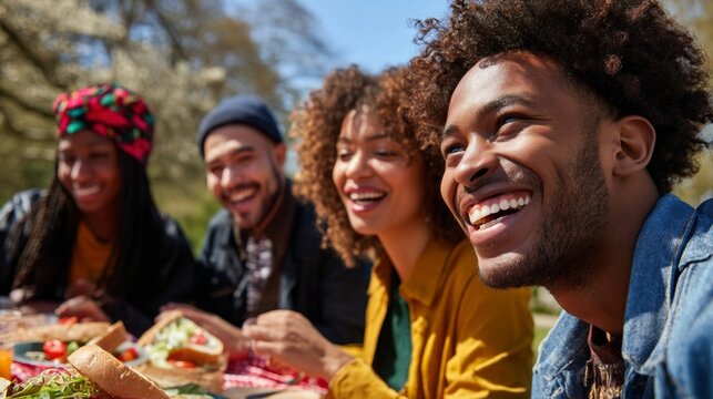 Group of people enjoying a picnic outdoors.