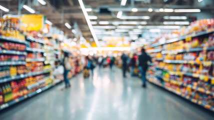 Bright supermarket interior with blurred shoppers moving through wide aisles filled with colorful product displays