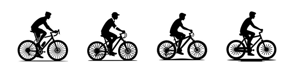 Naklejka premium Modern Minimalist Men Riding Bicycle Icon, Flat Silhouette of a Cyclist Vector for Sports Illustration Design