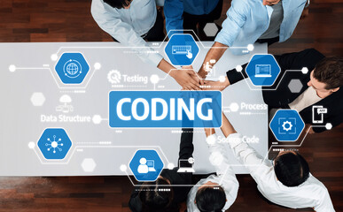 A diverse team engages in a collaborative coding session, surrounded by digital elements that emphasize concepts like testing, data structure, and efficient workflow processes. Amity