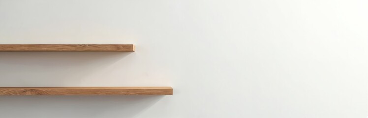 Two empty wooden shelves fixed on white wall. Modern minimalist interior design concept. Background for product display or presentation. Horizontal shot. Space for text.