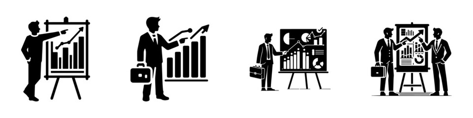 Modern Minimalist Men Explaining Diagram Icon, Flat Silhouette of an Educational Scene Vector for Classroom Illustration Design