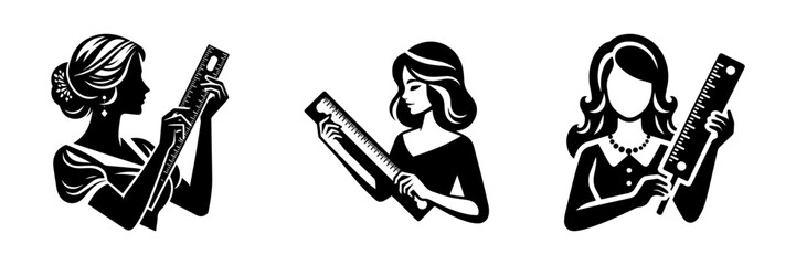 Obraz premium Modern Minimalist Woman Holding Ruler Icon, Flat Silhouette of a Half-Body Figure Vector for Education Illustration Design