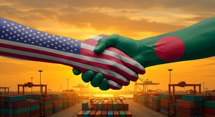 USA Bangladesh trade agreement handshake at shipping port sunset deal
