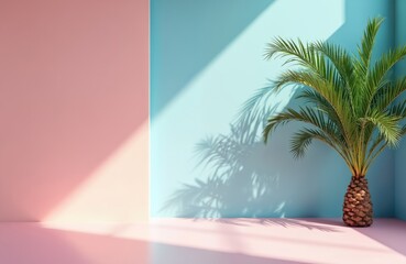 Fototapeta premium Small palm tree stands in corner of room. Bright sunlight casts shadow of leaves on blue wall. Pink floor reflects warm glow. Modern minimalist design with tropical vibe. Empty room interior