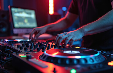 Obraz premium DJ hands mix music on turntables, mixer. Person controls sound system, laptop displays audio waveform. Neon lights create club atmosphere, vibrant party mood. Nightlife entertainment, electronic