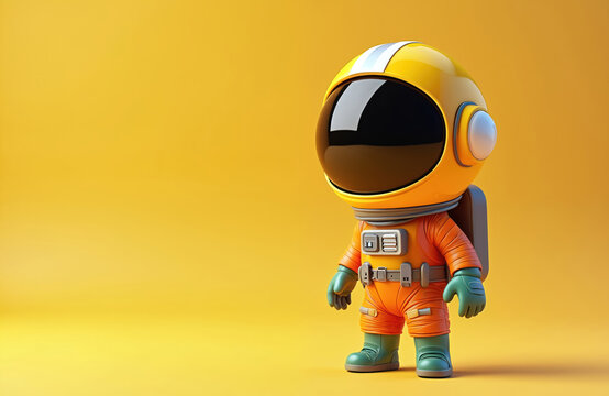 Cute cartoon astronaut stands against a solid yellow background. The character wears an orange suit and a yellow helmet with a black visor, ready for space exploration and adventure.