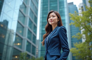 Fototapeta premium Young Asian businesswoman stands confidently outdoors in modern city. Wears navy suit, looking forward with hope. Glass office buildings rise behind. Green tree leaves on side. Embodies urban