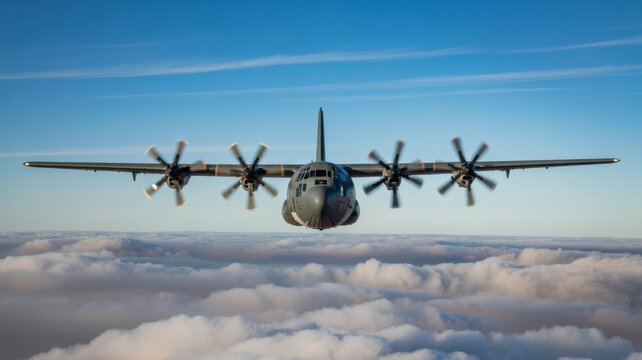 A military cargo airplane, a c130 hercules, flies directly towards the camera, soaring high above a blanket of soft, white clouds under a clear blue sky