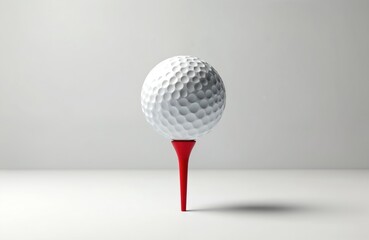 White golf ball rests on red tee against a neutral background. Simple object focus, clean studio setup. Ready for gameplay, recreation activity, or sports equipment concepts.