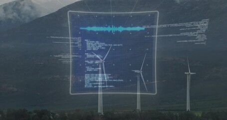 Hologram forming behind three turbines, code streaming, rising waveform, expanding data for insight - Powered by Adobe