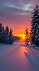 A breathtaking winter sunrise paints the frozen landscape with vibrant hues of orange, pink, and purple, casting long shadows across the snow-covered lake.
