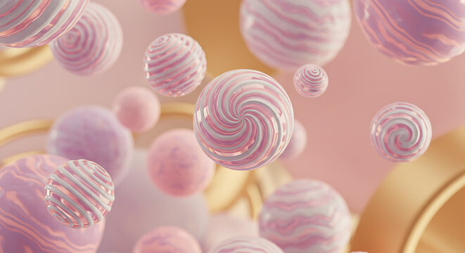 Whimsical pastel spheres and shimmering golden rings float gracefully in an enchanting abstract space, creating a delightful and sweet geometric background perfect for dreamy digital designs