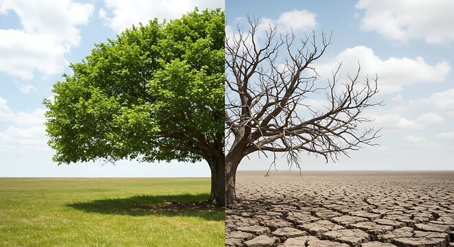Climate change contrast shows thriving tree versus barren drought landscape