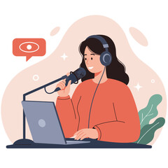 Fototapeta premium Young woman podcasting while using microphone and laptop indoors 