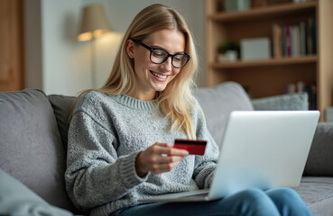 Fototapeta premium Smiling woman shops online with laptop at home on sofa. Blonde girl in glasses holds credit card pays remotely. Happy customer makes secure purchase. Online shopping concept buying goods.
