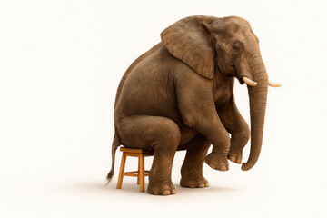 Obraz premium The elephant is sitting on a small chair. Space for text.