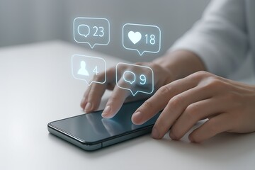 Hands using a smartphone with social media notification icons like likes, comments, and followers appearing above the screen, isolated on white background