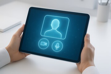Person holding a tablet computer displaying a video call interface with a user icon and call controls, isolated on white background