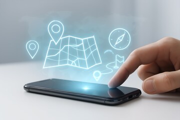 Fingers touching a smartphone displaying a holographic navigation map with pins and a compass, representing digital travel planning and location services
