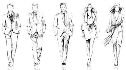 Chic Fashion Models Sketch White Vector Illustration