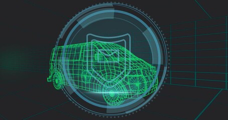 Green wireframe van appearing, Cyber Security text fading, rotating HUD rings scanning for security - Powered by Adobe