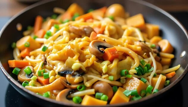 Stir fried egg foo young with mushrooms, bean sprouts, and carrots in skillet 