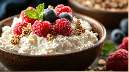 Cottage cheese bowl, berries, granola, breakfast, dark wood table, healthy food, recipe