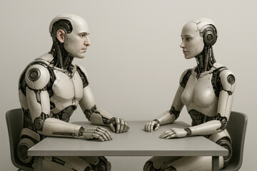 Two robots sit at a table opposite each other.