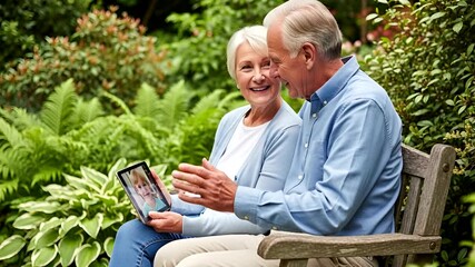 Senior couple enjoying a video call with their grandchild on a tablet outdoors in nature