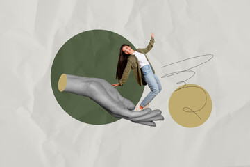 Abstract concept collage with people standing balancing over big cropped hand arm love travel retro wweather fun joy rest