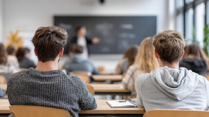 Students sitting in classroom listening to teacher, focused on chalkboard, learning in modern educational environment